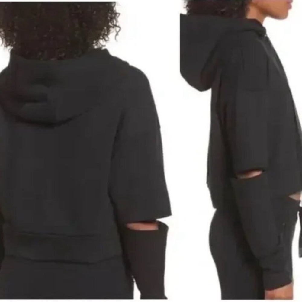 ALO Yoga Peak Elbow Cut Out Cropped Black Hoodie Sweatshirt Streetwear, Medium